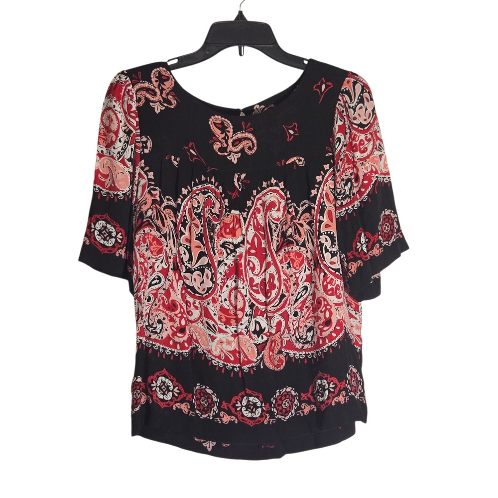 Womens‎ Paisley Print Short Sleeve Keyhole Back Blouse Red Black Boho Top